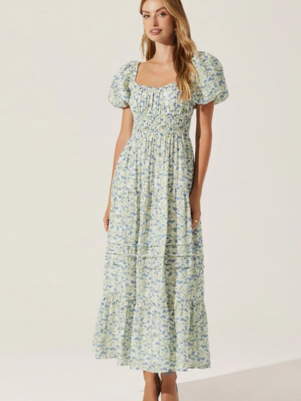 ASTR The Label Florentina Floral Tiered Maxi Dress Women M Blue NWOT